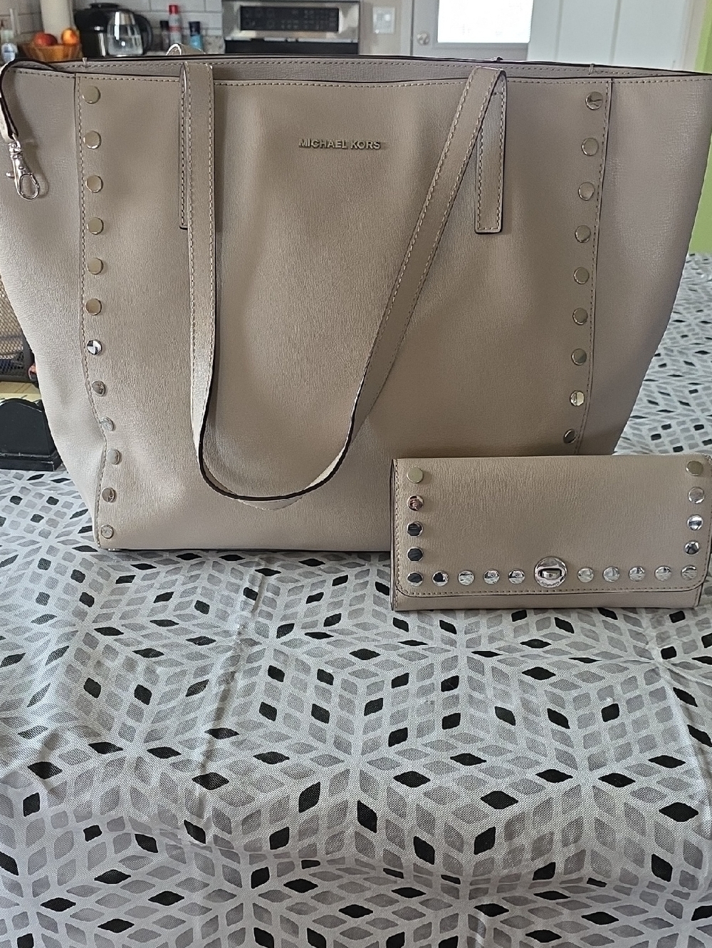 Michael Kors Beige Studded Tote with Matching Wallet